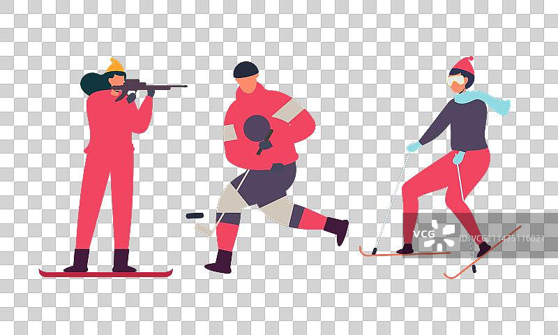 包含滑雪、滑板滑雪和溜冰的冬季运动套装图片素材