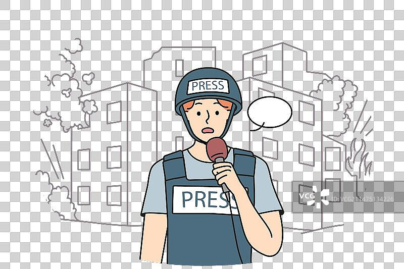 害怕的男性记者在战争中进行直播图片素材