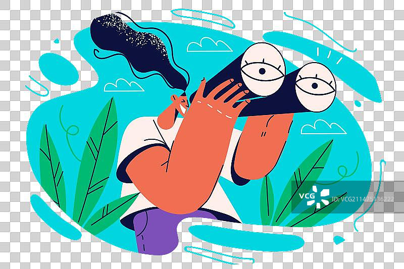 微笑的女人用双筒望远镜发现新事物图片素材