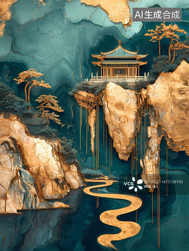 【AI数字艺术】中国风鎏金意境山水装饰画图片素材