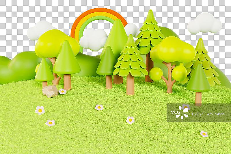 3D渲染的春天草地树木山坡森林彩虹元素图片素材