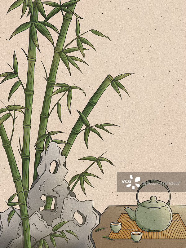竹林竹子假山悠闲泡茶饮茶插画图片素材