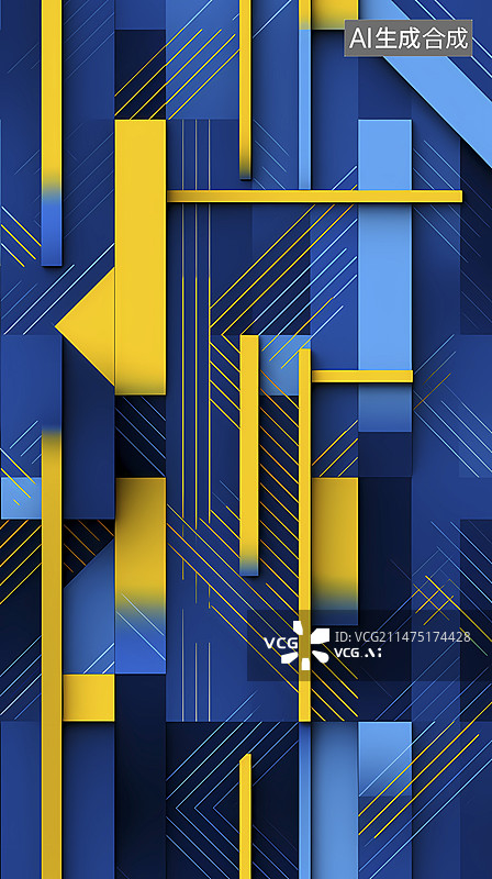 【AI数字艺术】数码黄蓝方块直线抽象图形海报背景图片素材
