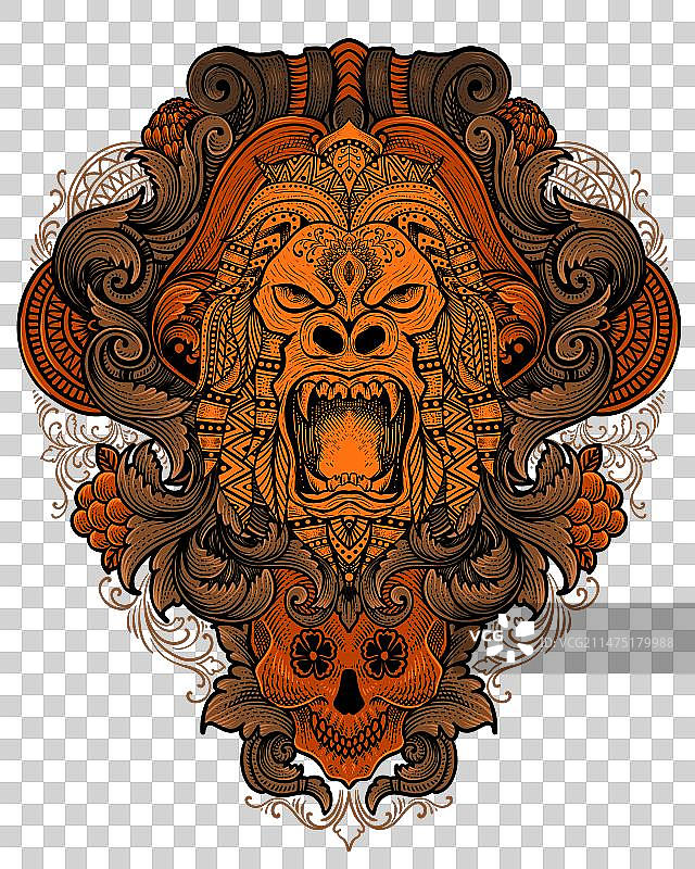 具有古典雕刻风格的猩猩头部部落风格图片素材