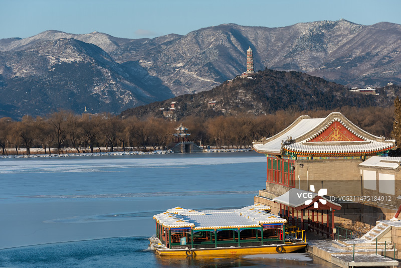 冬日雪后清晨颐和园南湖岛码头和玉泉山玉峰塔图片素材