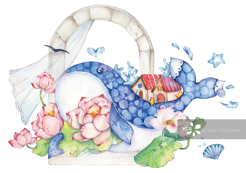 白色背景下水彩手绘卡通童话时间蓝色大海海洋生物蓝鲸和我们的地球环保故事镜头插画图片素材