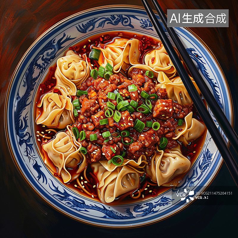 【AI数字艺术】香辣肉酱凉拌馄饨面图片素材