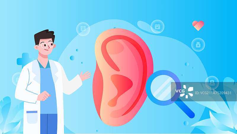 医生检查介绍耳朵相关疾病矢量插画图片素材