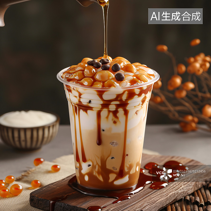 【AI数字艺术】大红袍布丁波波奶茶，美食饮品概念插图图片素材