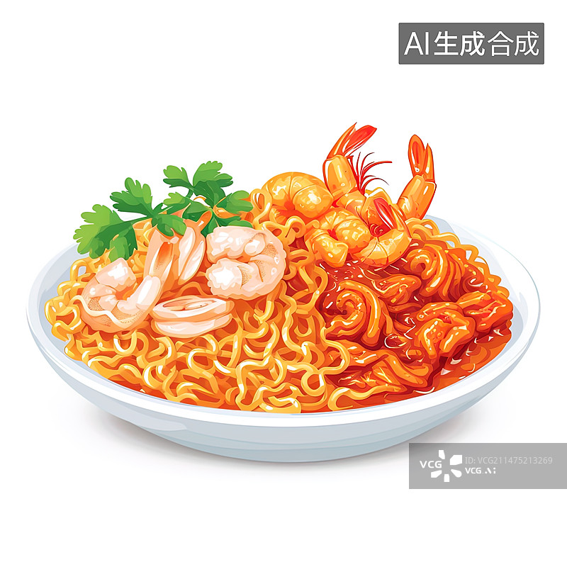 【AI数字艺术】插画 韩式鱿鱼鲜虾面图片素材