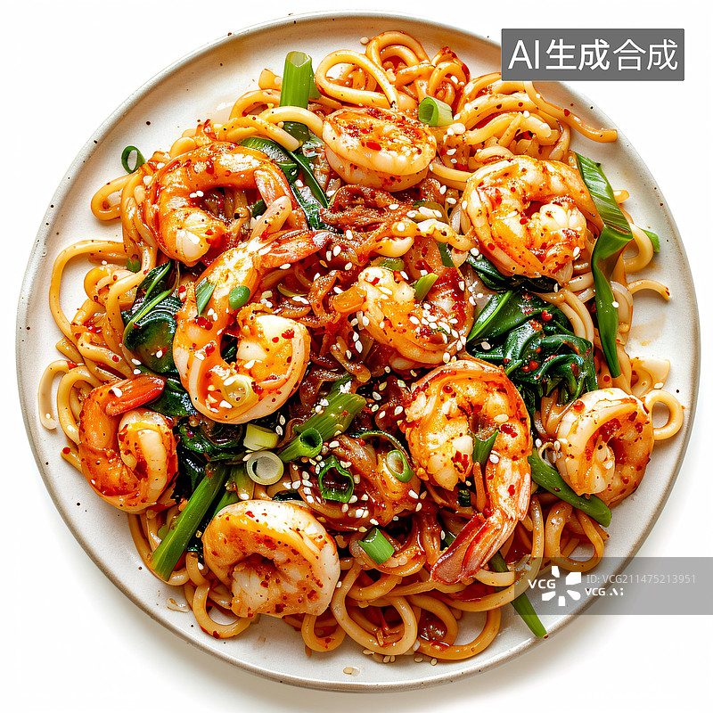 【AI数字艺术】虾仁炒方便面，鲜虾面，午餐美食概念插图图片素材