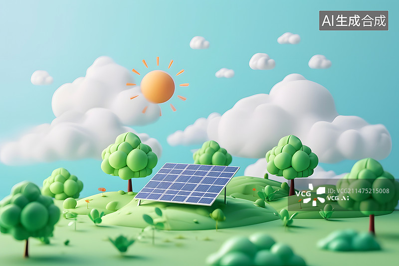 【AI数字艺术】太阳能发电可再生能源生态，环境保护概念场景3D插图图片素材
