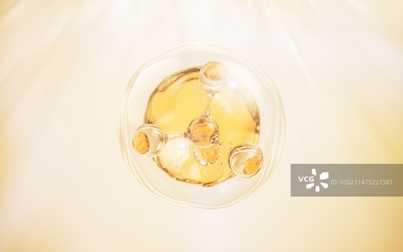 透明分子与金色液滴3D渲染图片素材