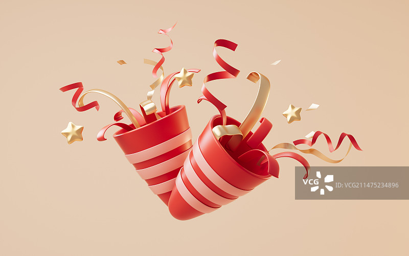 炸开的礼花与红色背景3D渲染图片素材