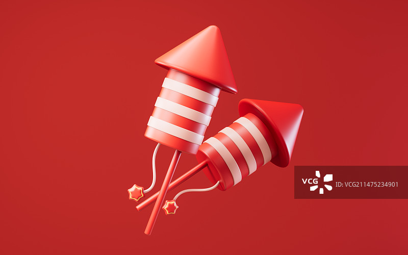 节日烟花爆竹与红色背景3D渲染图片素材