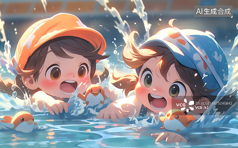 【AI数字艺术】游泳的两个小朋友图片素材