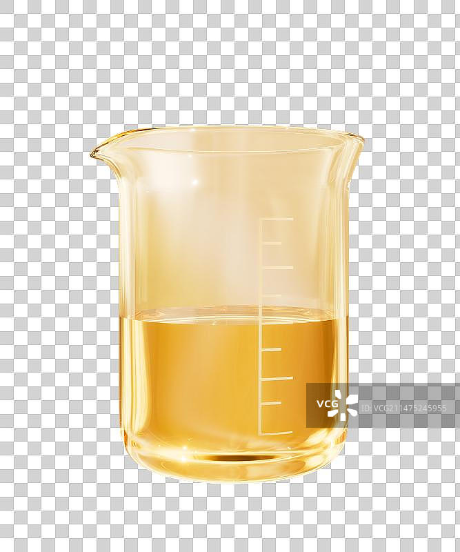 化学仪器烧杯与金色液体3D渲染图片素材