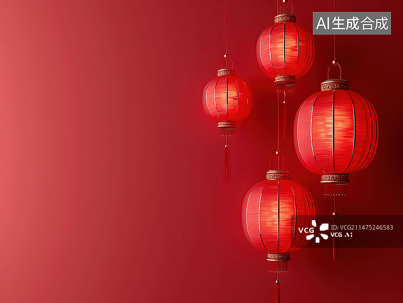 【AI数字艺术】红色背景下的红灯笼春节新年图片素材