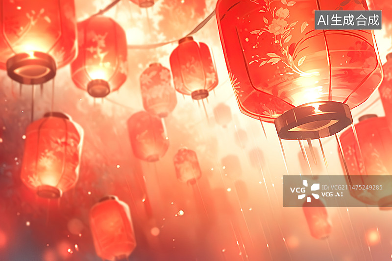 【AI数字艺术】元宵节中国风红色灯笼插画背景图片素材