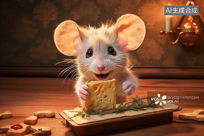 【AI数字艺术】抱着食物开心的小老鼠图片素材