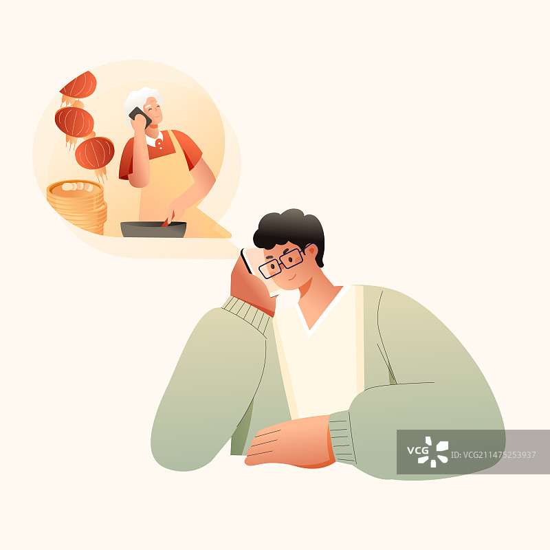 卡通亲子家人团圆祝福视频打电话通话亲情拜年春节除夕小年新年问候礼包红包职场工作中国风国潮渐变矢量插画图片素材