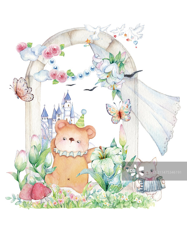 清新水彩手绘童话故事卡通王国城堡故事开心的手舞足蹈的生日小熊和弹奏的小白猫在花园花丛中演出表演插画图片素材