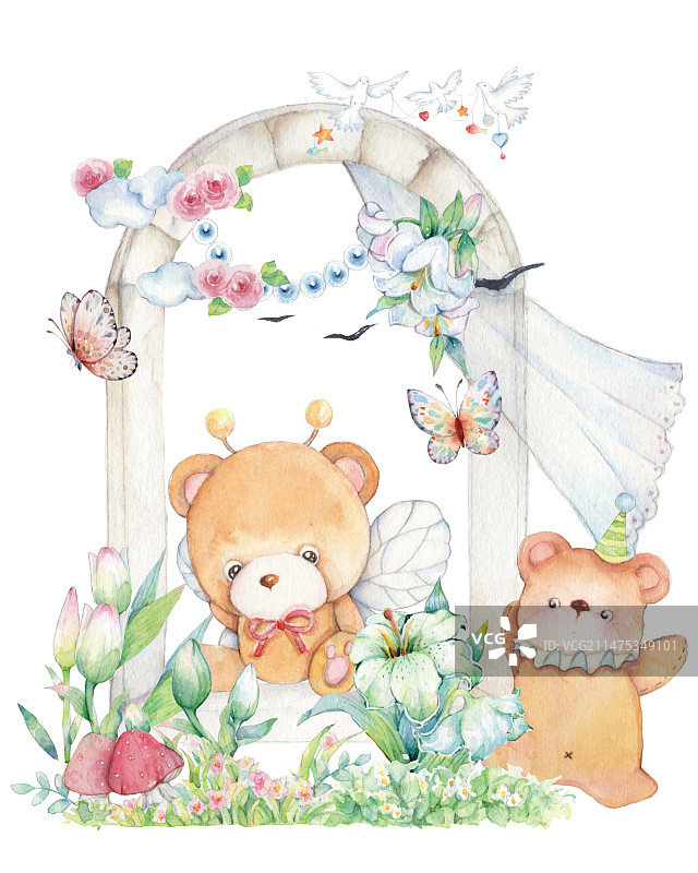 清新水彩手绘卡通故事两只呆萌的小熊在森林王国里面开心的生活快乐舞蹈插画图片素材