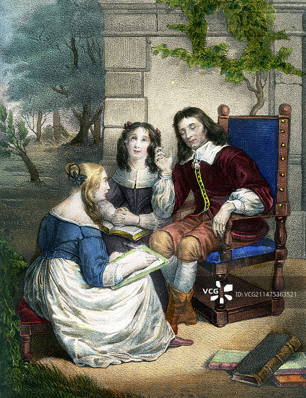 弥尔顿阅读《失乐园》，17世纪图片素材