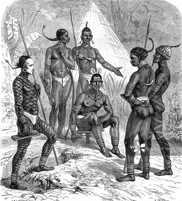 维多利亚湖附近的加尼战士，19世纪图片素材