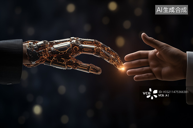 【AI数字艺术】一只手和机器人手臂交流图片素材