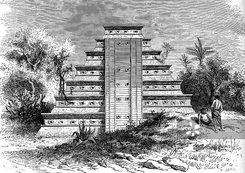 墨西哥金字塔，19世纪插图图片素材