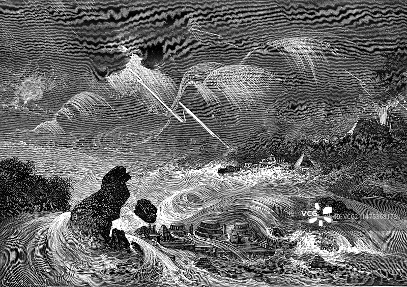 史前洪水19世纪插图图片素材