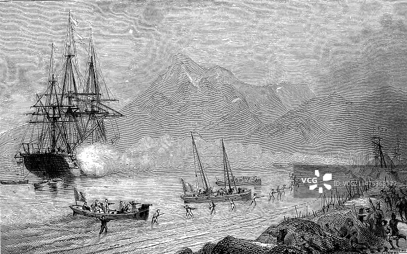 迪蒙·迪尔维尔袭击汤加, 19世纪插画图片素材