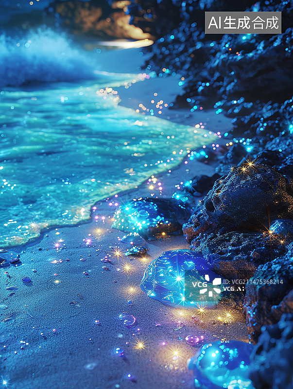 【AI数字艺术】蓝眼泪荧光海海滩图片素材