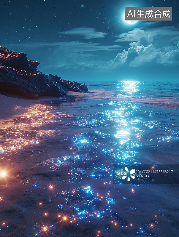 【AI数字艺术】蓝眼泪荧光海海滩图片素材