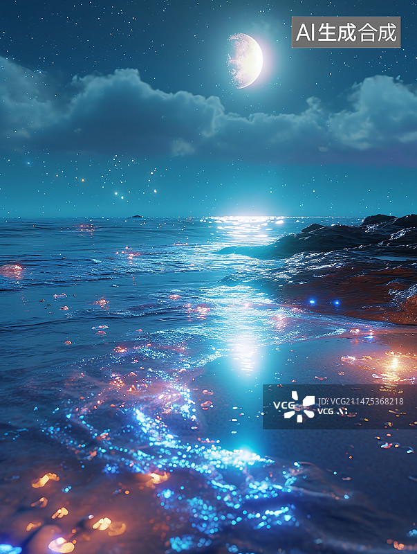 【AI数字艺术】蓝眼泪荧光海海滩图片素材