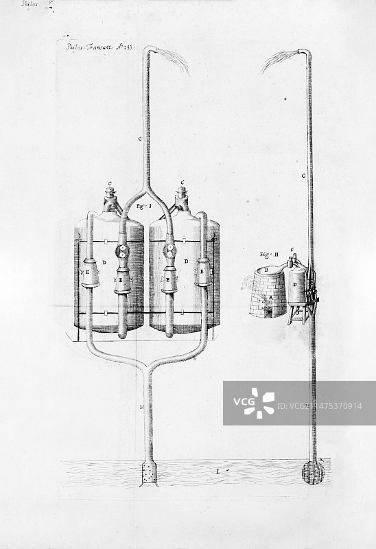 赛维里的蒸汽机泵，1699年插图图片素材