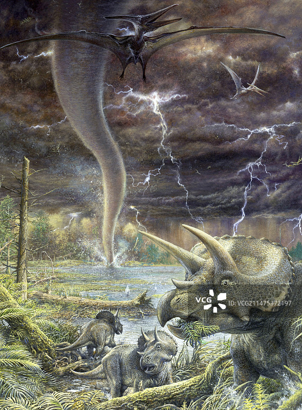 白垩纪恐龙和龙卷风插图图片素材