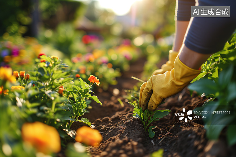 【AI数字艺术】带着黄色手套的园丁手在阳光下花园里种花的特写图片素材