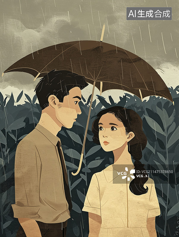 【AI数字艺术】伞下的亲密情侣图片素材