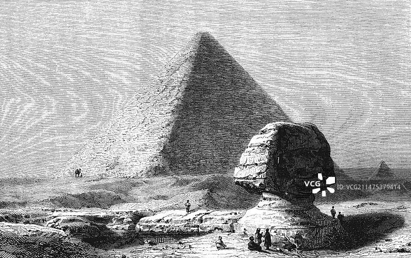 19世纪埃及吉萨狮身人面像和金字塔插图图片素材