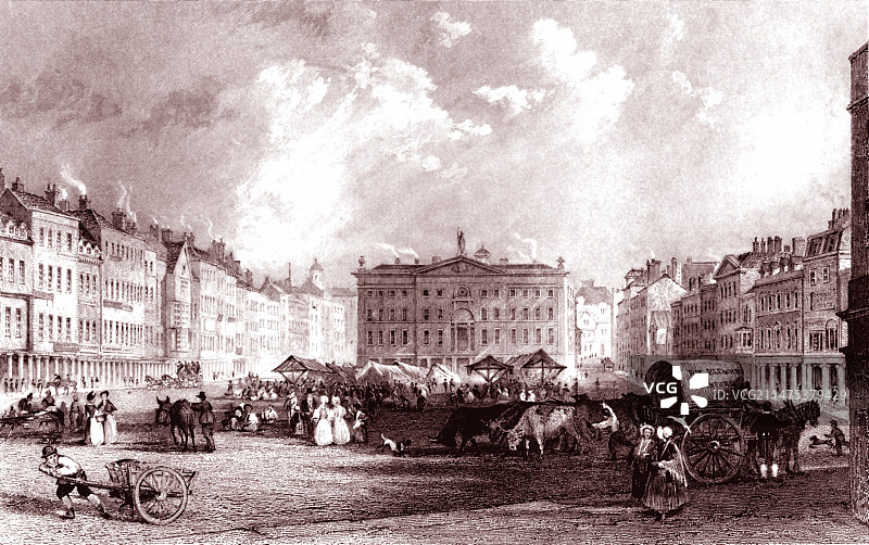 英国诺丁汉老市场广场19世纪插图图片素材