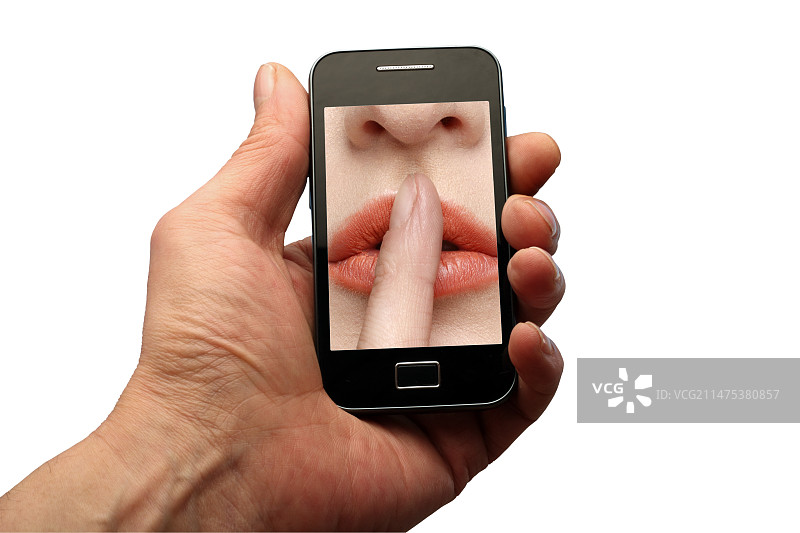 带有手指放在嘴唇上的图像的智能手机图片素材