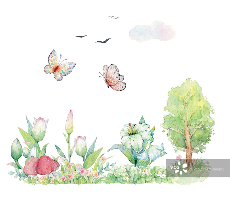 水彩手绘清新的大自然户外花园美丽的蝴蝶和鲜花树林图片素材