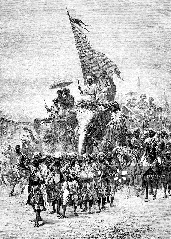 19世纪印度巴罗达游行队伍插画图片素材
