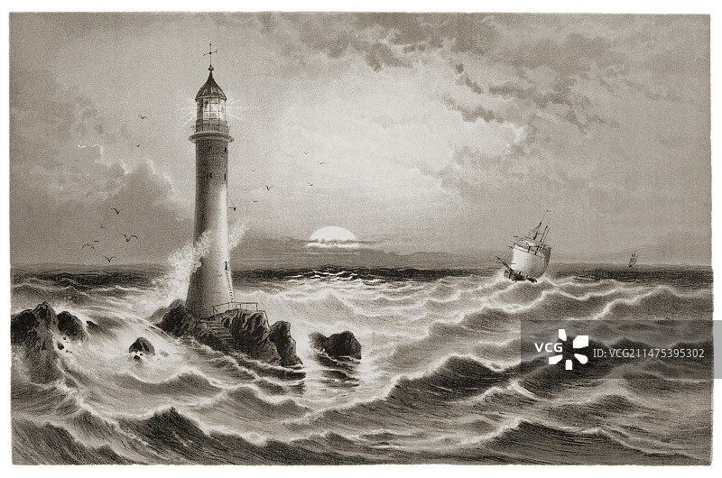灯塔和驶来的帆船图片素材