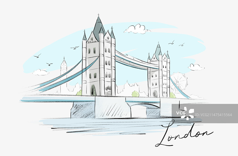 英国伦敦大桥地标建筑速写分层插画图片素材
