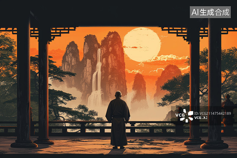 【AI数字艺术】中国风山水亭台练武术的人图片素材