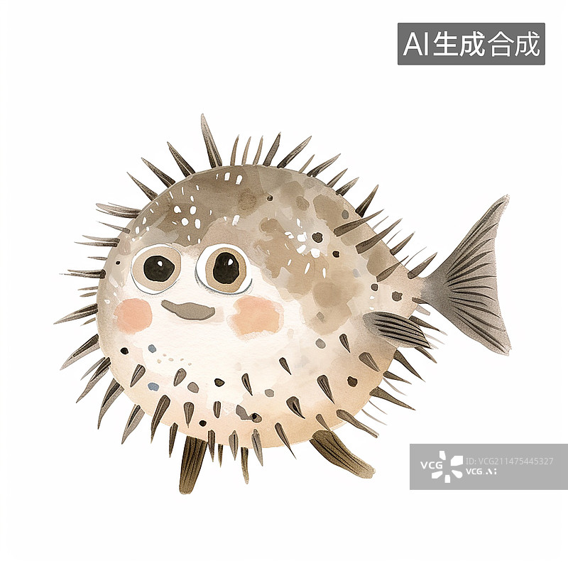 【AI数字艺术】可爱的河豚插画，白色背景图片素材
