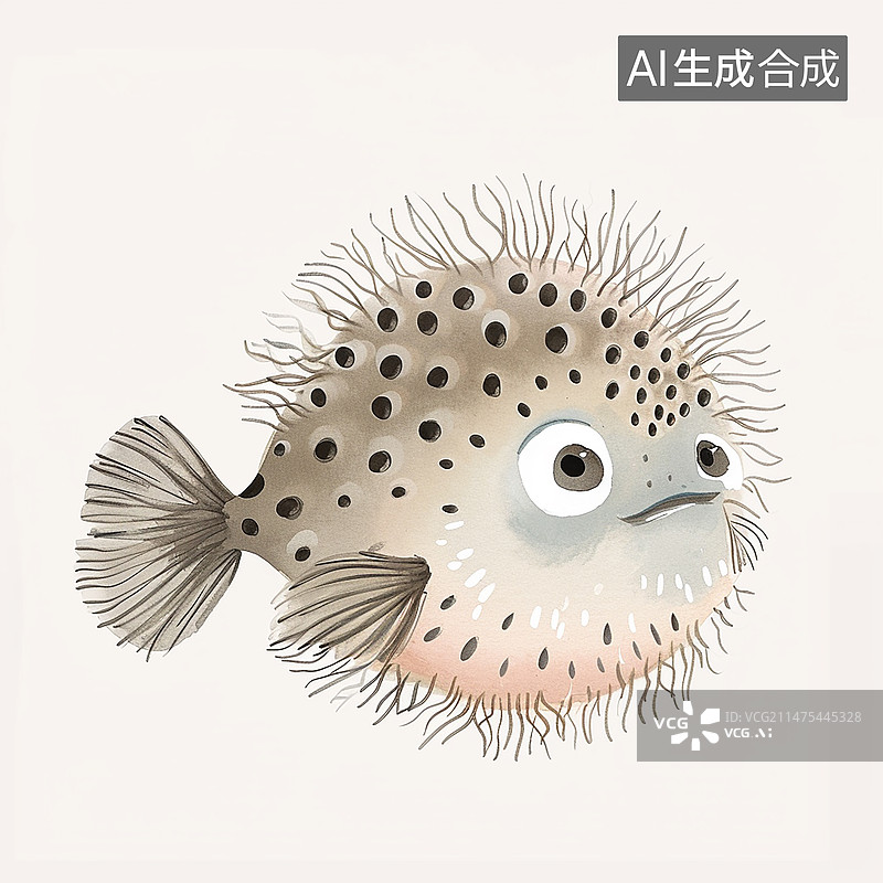 【AI数字艺术】可爱的河豚插画，白色背景图片素材